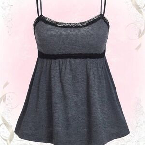 ROMWE gray ribbed babydoll top with black lace trim
